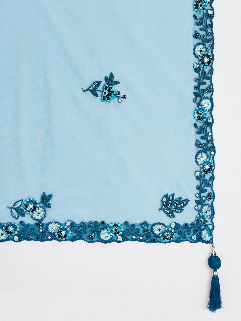 Teal Net Sequins, Mirror and thread embroidery Semi-Stitched Lehenga choli & Dupatta Clothsvilla