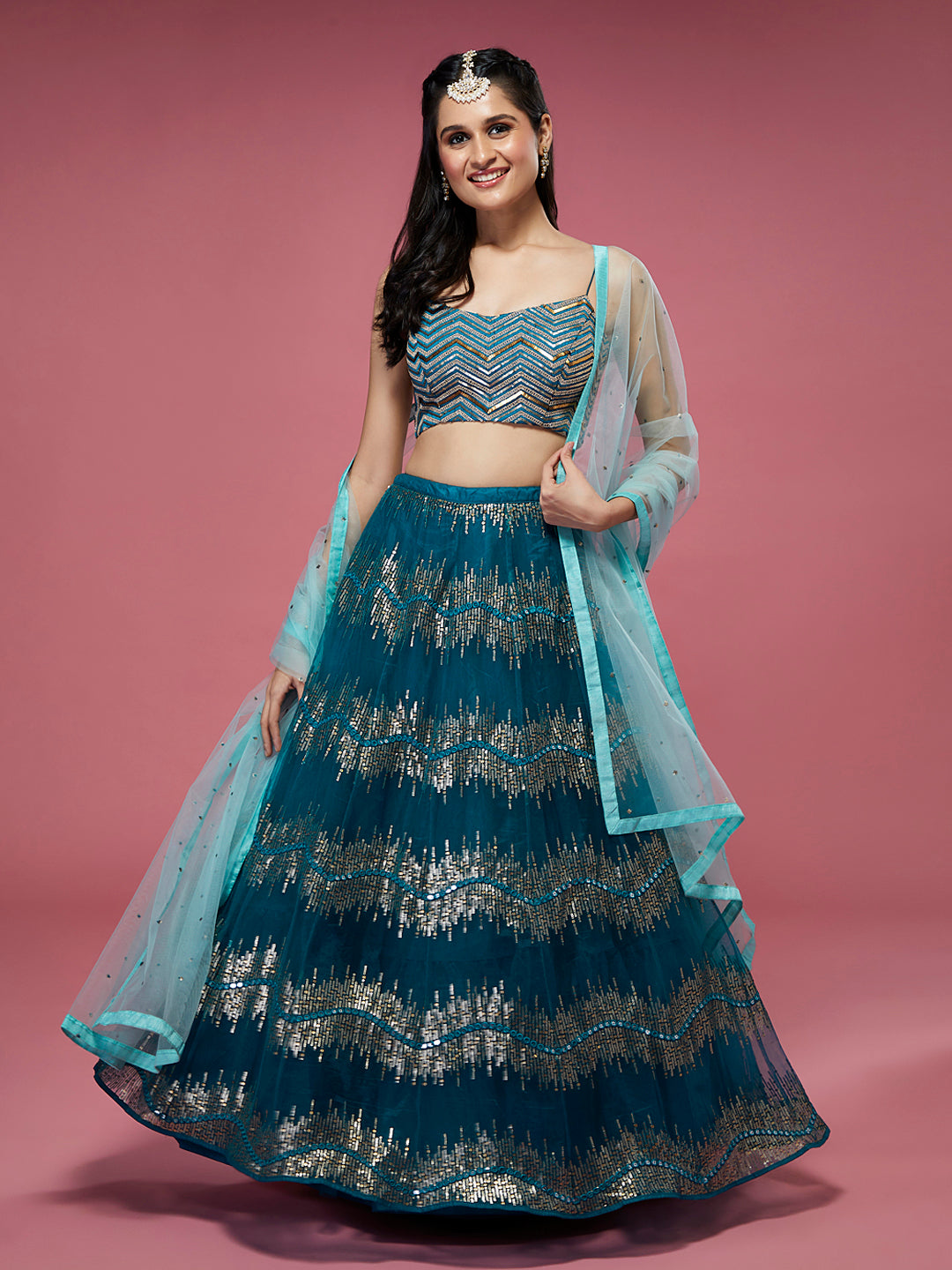 Teal Net Sequinse Embroidered Semi-Stitched Lehenga & Blouse with Dupatta Clothsvilla Main image