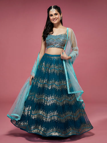 Teal Net Sequinse Embroidered Semi-Stitched Lehenga & Blouse with Dupatta Clothsvilla