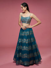 Load image into Gallery viewer, Teal Net Sequinse Embroidered Semi-Stitched Lehenga &amp; Blouse with Dupatta Clothsvilla