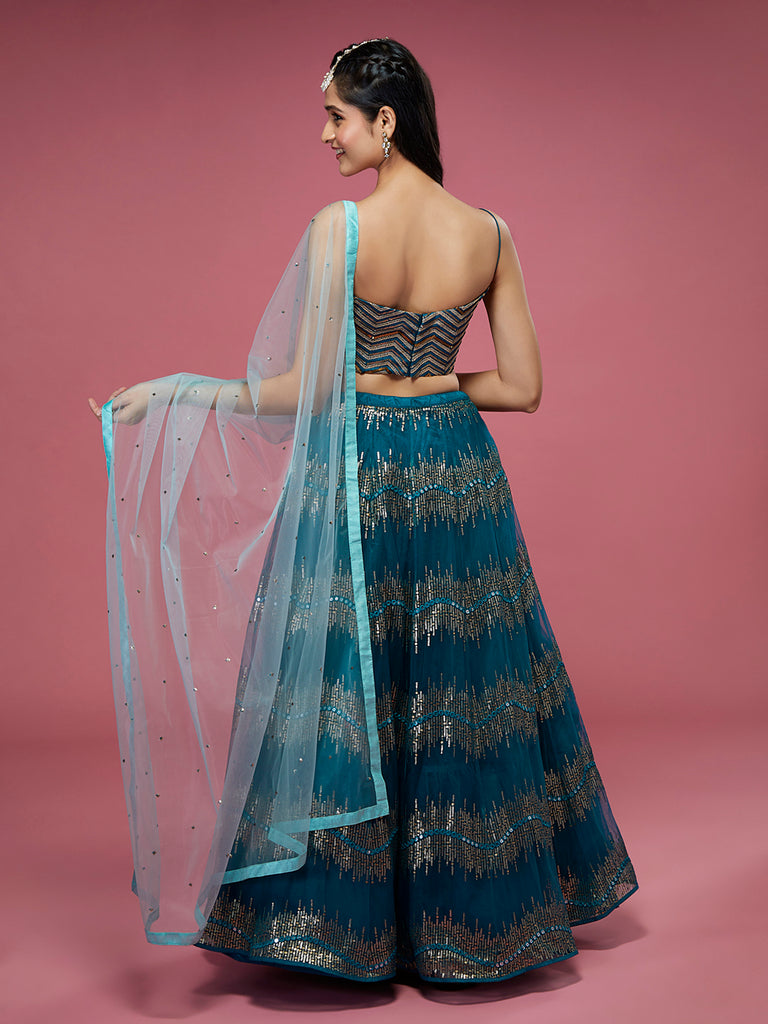 Teal Net Sequinse Embroidered Semi-Stitched Lehenga & Blouse with Dupatta Clothsvilla