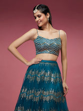 Load image into Gallery viewer, Teal Net Sequinse Embroidered Semi-Stitched Lehenga &amp; Blouse with Dupatta Clothsvilla