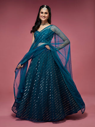 Teal Net Sequinse Embroidered Semi-Stitched Lehenga & Blouse with Dupatta ClothsVilla