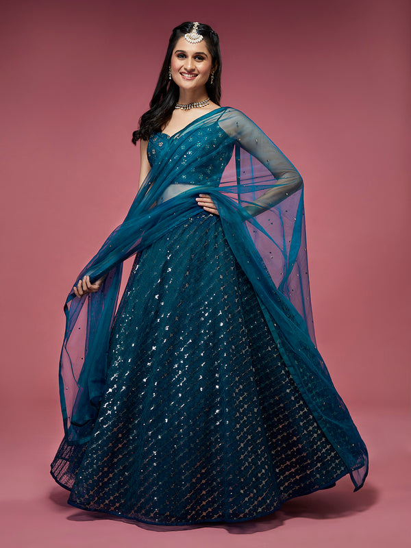 Teal Net Sequinse Embroidered Semi-Stitched Lehenga & Blouse with Dupatta ClothsVilla