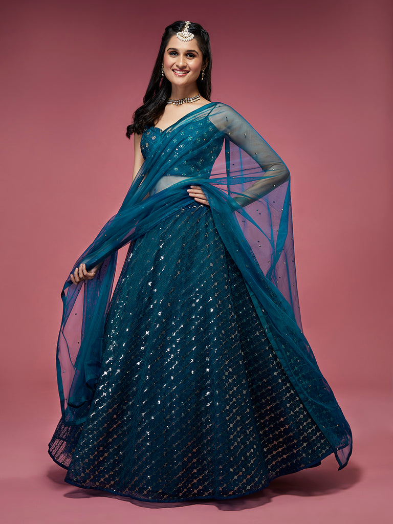 Teal Net Sequinse Embroidered Semi-Stitched Lehenga & Blouse with Dupatta ClothsVilla
