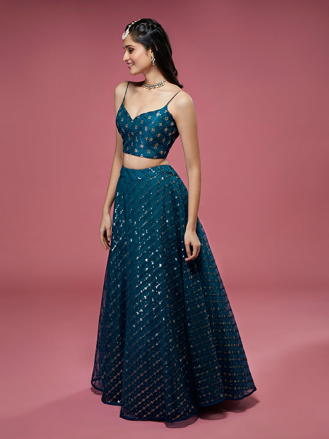 Teal Net Sequinse Embroidered Semi-Stitched Lehenga & Blouse with Dupatta ClothsVilla