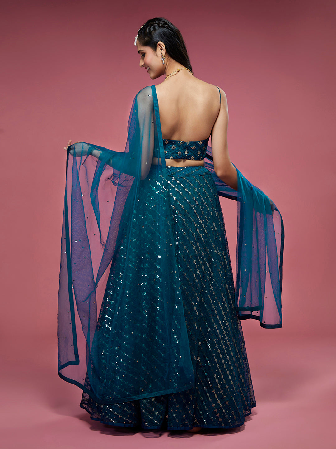 Teal Net Sequinse Embroidered Semi-Stitched Lehenga & Blouse with Dupatta ClothsVilla