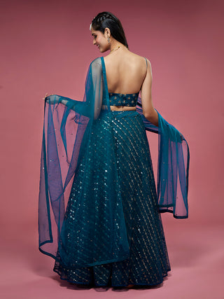 Teal Net Sequinse Embroidered Semi-Stitched Lehenga & Blouse with Dupatta ClothsVilla