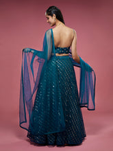 Load image into Gallery viewer, Teal Net Sequinse Embroidered Semi-Stitched Lehenga &amp; Blouse with Dupatta ClothsVilla