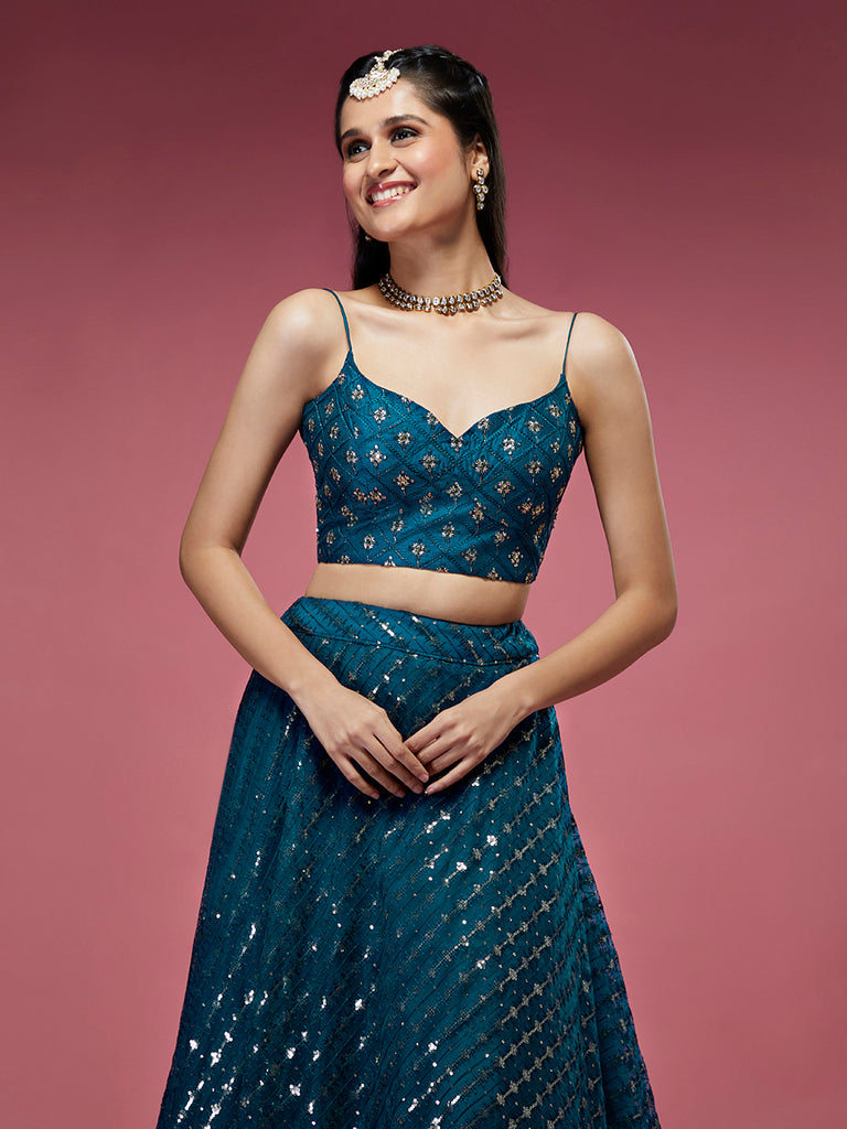 Teal Net Sequinse Embroidered Semi-Stitched Lehenga & Blouse with Dupatta ClothsVilla
