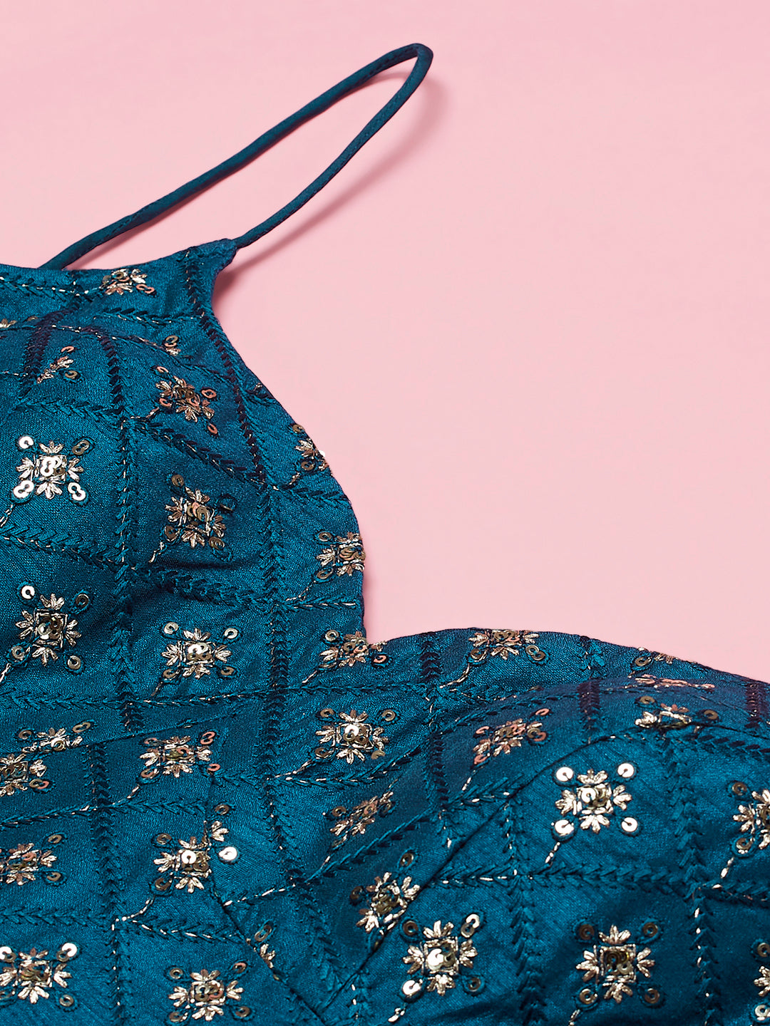 Teal Net Sequinse Embroidered Semi-Stitched Lehenga & Blouse with Dupatta ClothsVilla