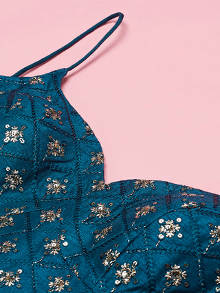 Teal Net Sequinse Embroidered Semi-Stitched Lehenga & Blouse with Dupatta ClothsVilla