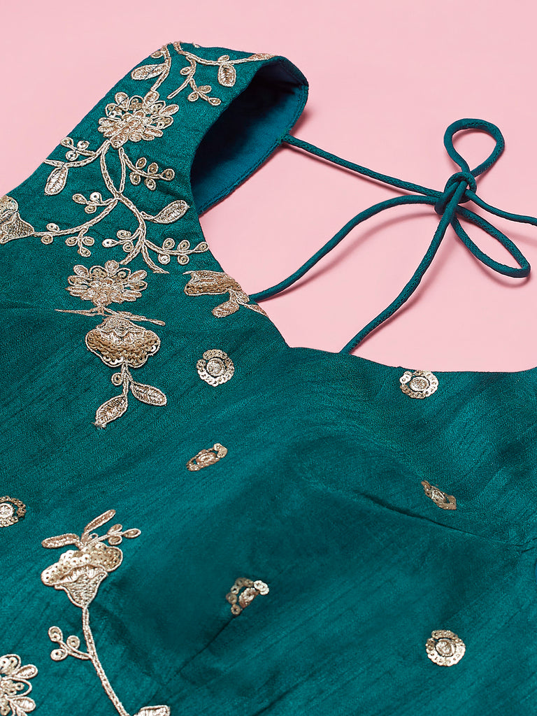 Teal Net Sequinse Work Semi-Stitched Lehenga & Unstitched Blouse, Dupatta Clothsvilla