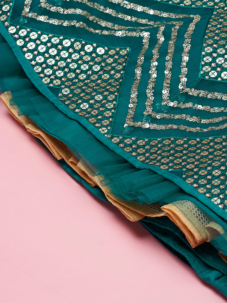 Teal Net Sequinse Work Semi-Stitched Lehenga & Unstitched Blouse, Dupatta Clothsvilla