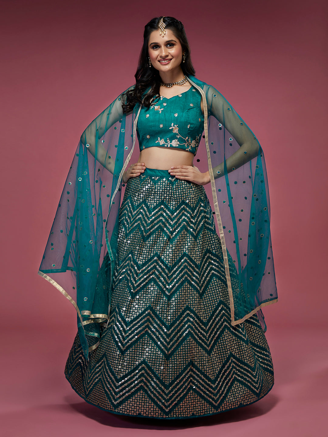 Teal Net Sequinse Work Semi-Stitched Lehenga & Unstitched Blouse, Dupatta Clothsvilla