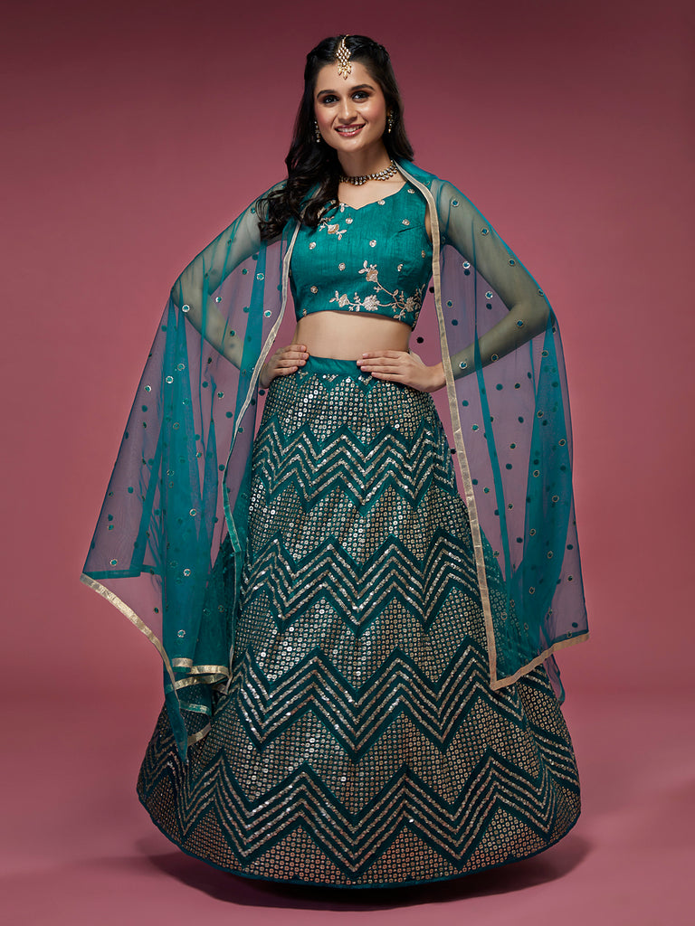 Teal Net Sequinse Work Semi-Stitched Lehenga & Unstitched Blouse, Dupatta Clothsvilla