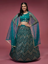 Load image into Gallery viewer, Teal Net Sequinse Work Semi-Stitched Lehenga &amp; Unstitched Blouse, Dupatta Clothsvilla