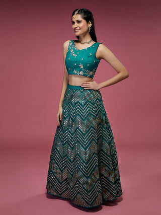 Teal Net Sequinse Work Semi-Stitched Lehenga & Unstitched Blouse, Dupatta Clothsvilla