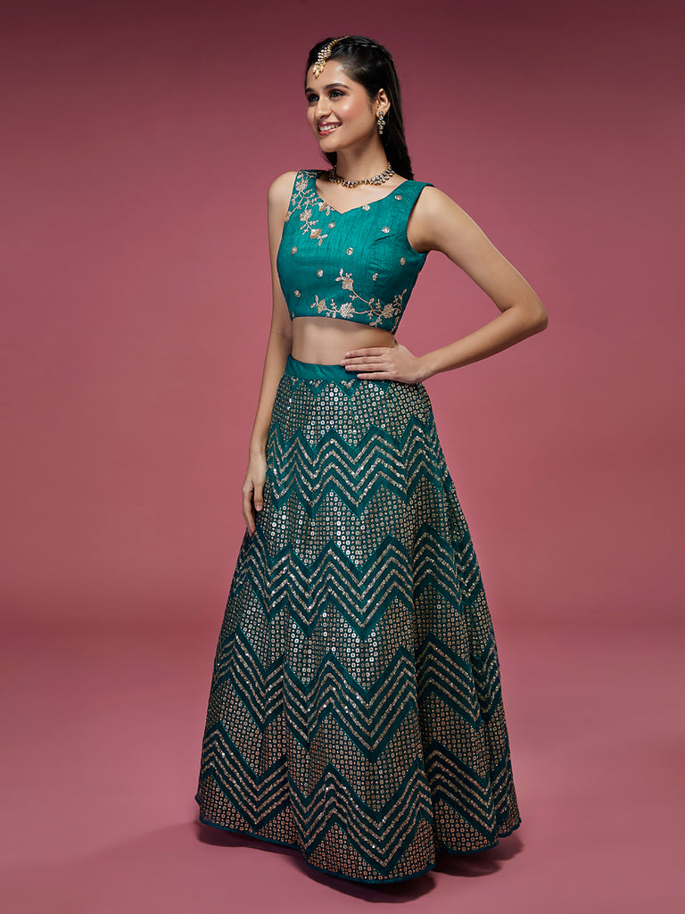 Teal Net Sequinse Work Semi-Stitched Lehenga & Unstitched Blouse, Dupatta Clothsvilla