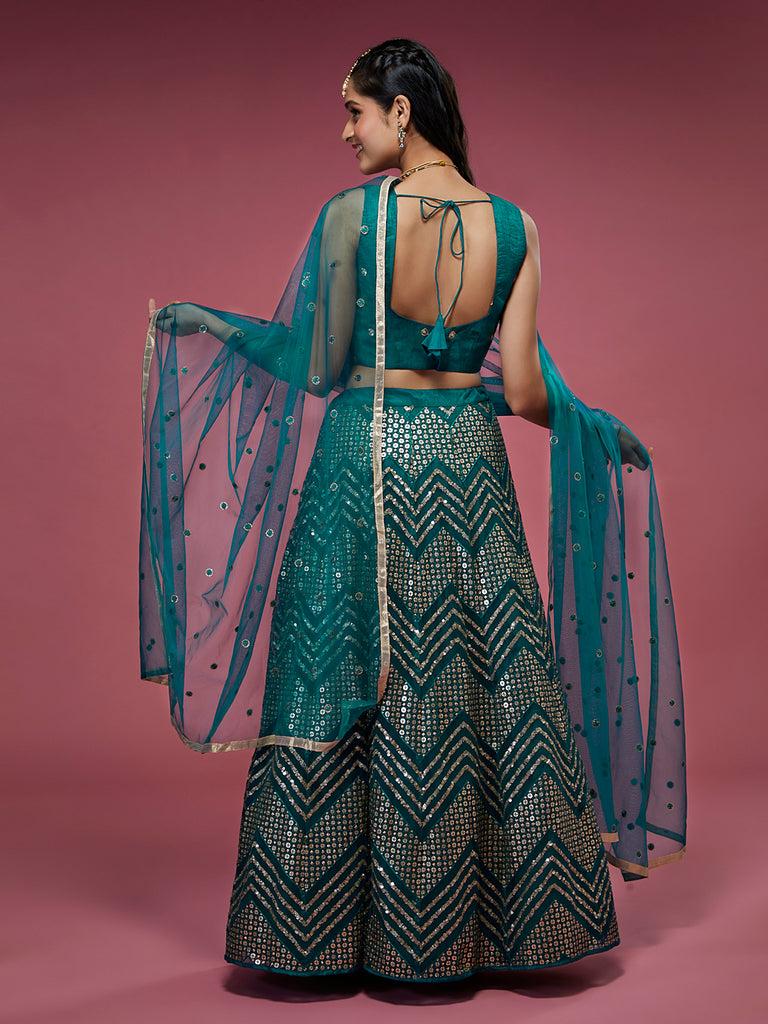 Teal Net Sequinse Work Semi-Stitched Lehenga & Unstitched Blouse, Dupatta Clothsvilla