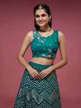 Load image into Gallery viewer, Teal Net Sequinse Work Semi-Stitched Lehenga &amp; Unstitched Blouse, Dupatta Clothsvilla