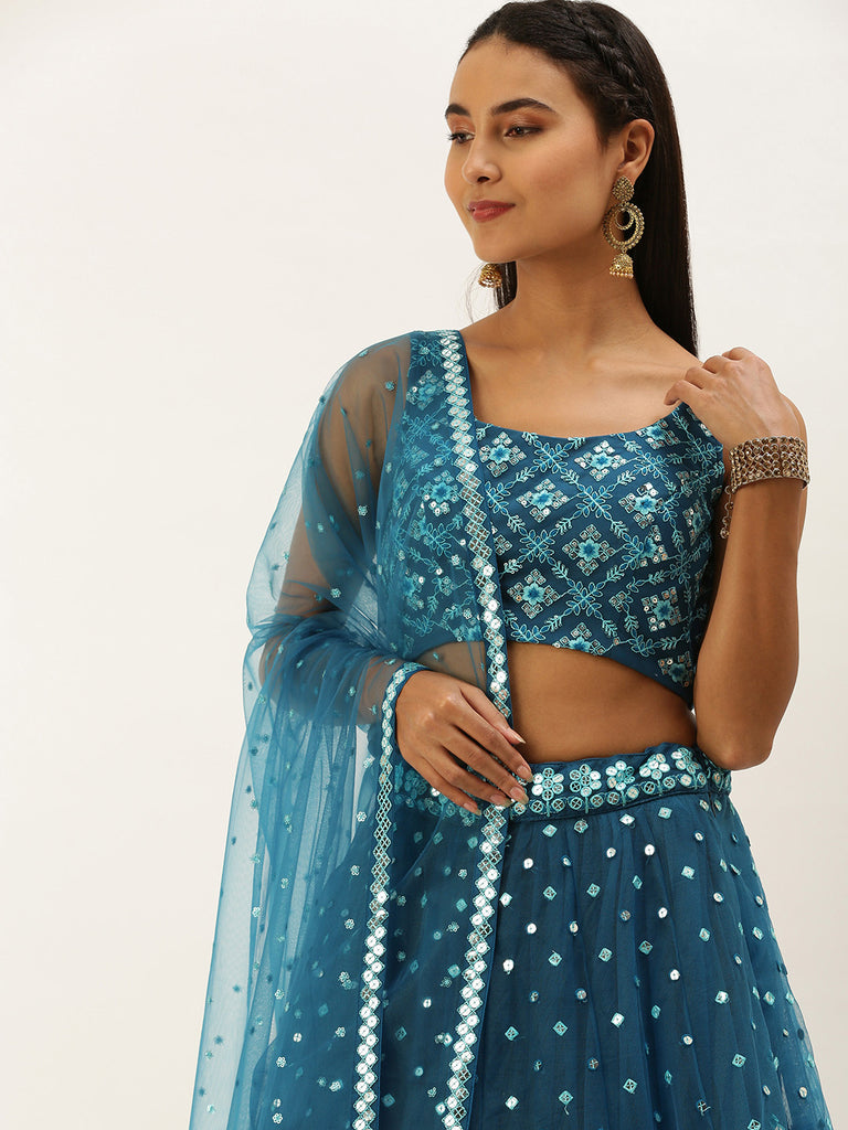 Teal Net Sequinse Work Semi-Stitched Lehenga & Unstitched Blouse, Dupatta Clothsvilla