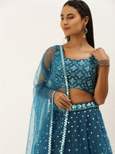 Load image into Gallery viewer, Teal Net Sequinse Work Semi-Stitched Lehenga &amp; Unstitched Blouse, Dupatta Clothsvilla