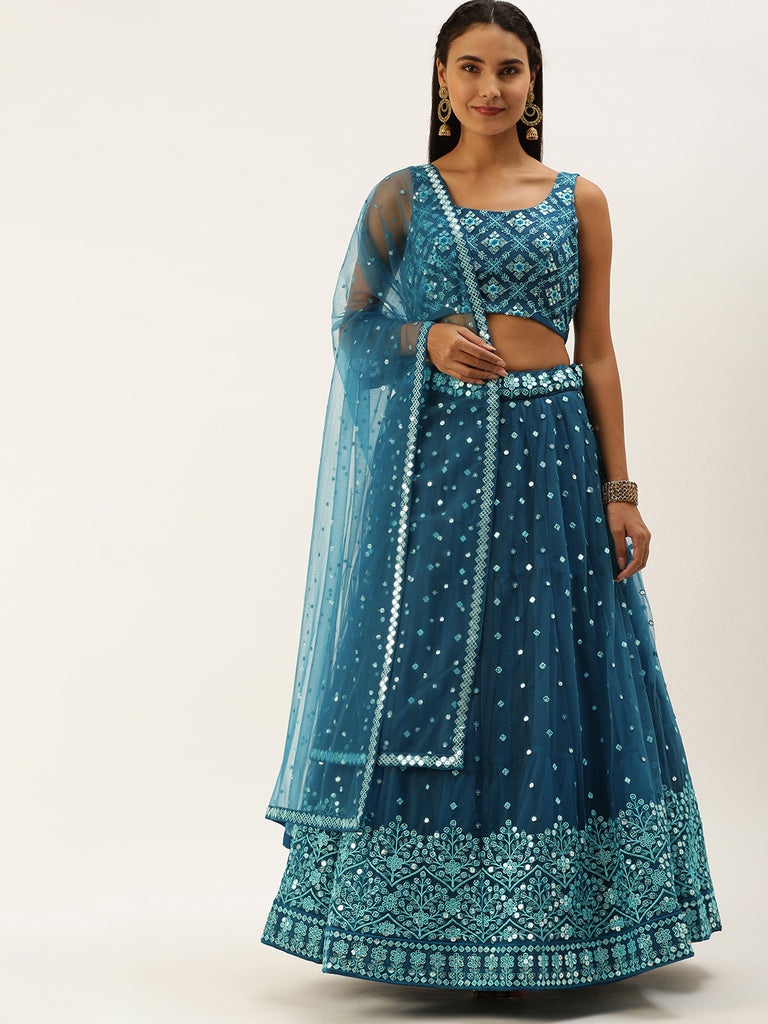 Teal Net Sequinse Work Semi-Stitched Lehenga & Unstitched Blouse, Dupatta Clothsvilla