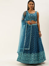 Load image into Gallery viewer, Teal Net Sequinse Work Semi-Stitched Lehenga &amp; Unstitched Blouse, Dupatta Clothsvilla