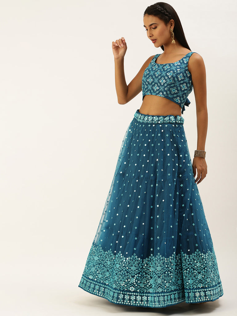 Teal Net Sequinse Work Semi-Stitched Lehenga & Unstitched Blouse, Dupatta Clothsvilla