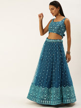 Load image into Gallery viewer, Teal Net Sequinse Work Semi-Stitched Lehenga &amp; Unstitched Blouse, Dupatta Clothsvilla