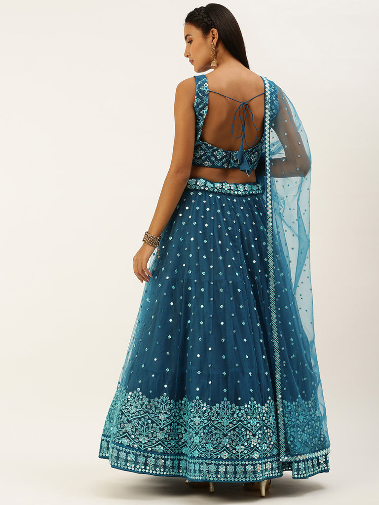 Teal Net Sequinse Work Semi-Stitched Lehenga & Unstitched Blouse, Dupatta Clothsvilla