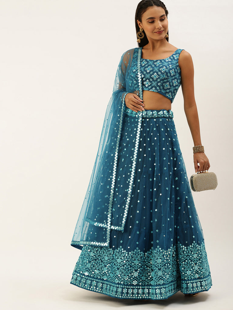 Teal Net Sequinse Work Semi-Stitched Lehenga & Unstitched Blouse, Dupatta Clothsvilla