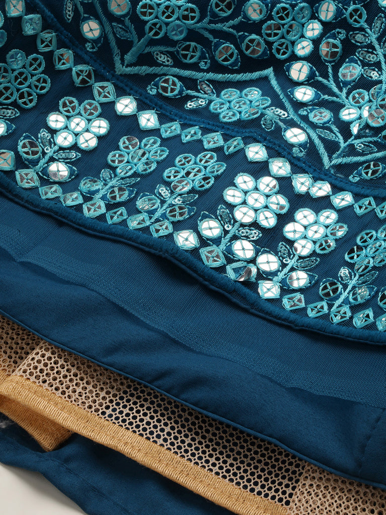 Teal Net Sequinse Work Semi-Stitched Lehenga & Unstitched Blouse, Dupatta Clothsvilla