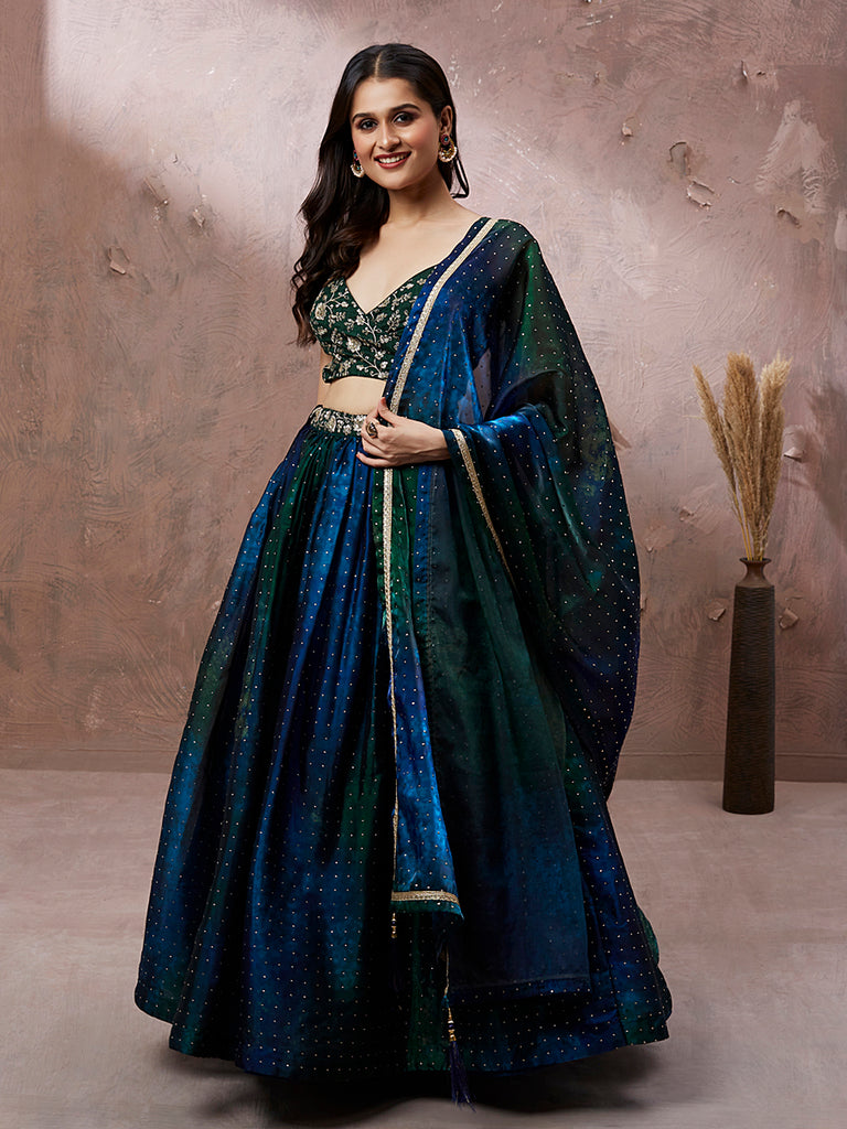 Teal Organza Digital Shibori Printed Semi-Stitched Lehenga choli & Dupatta Clothsvilla