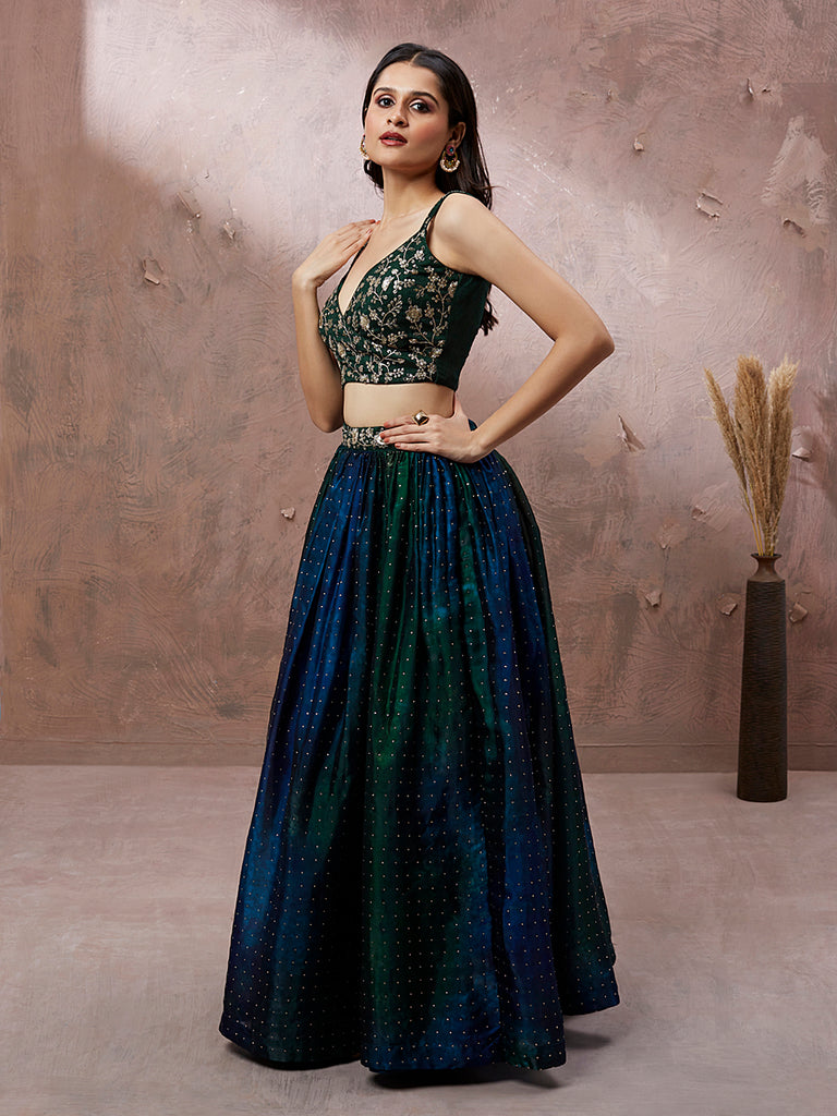 Teal Organza Digital Shibori Printed Semi-Stitched Lehenga choli & Dupatta Clothsvilla