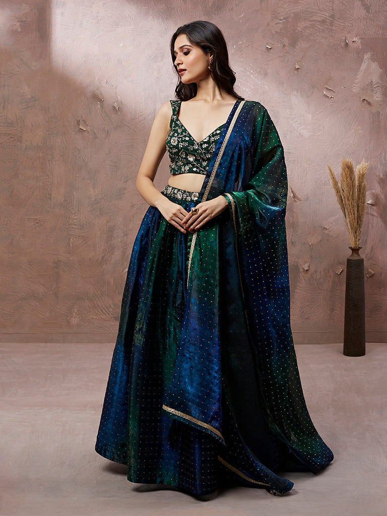 Teal Organza Digital Shibori Printed Semi-Stitched Lehenga choli & Dupatta Clothsvilla