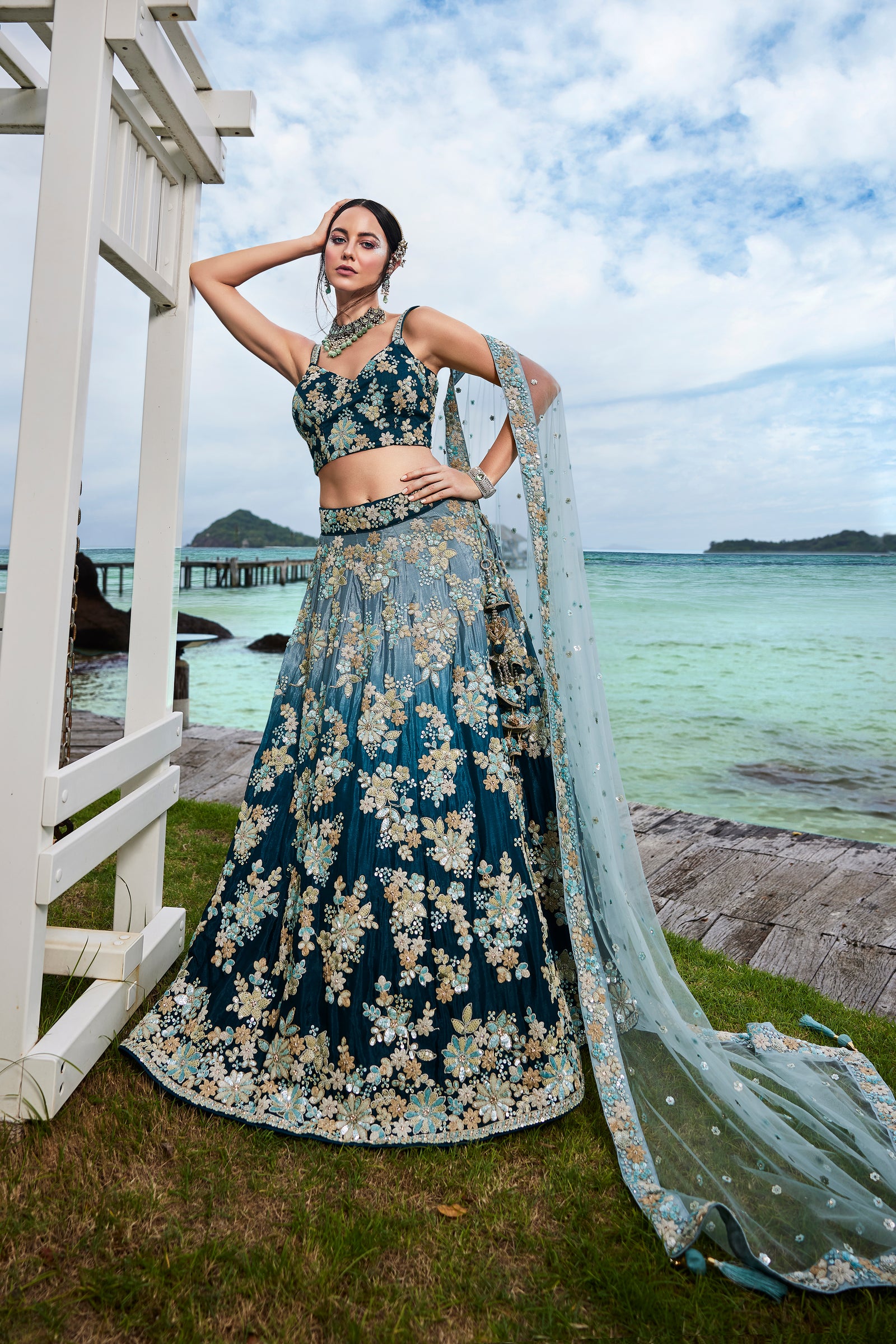 Teal Padded colour Georgette Sequins & Zarkan embroidery Semi-Stitched Lehenga choli & Dupatta Clothsvilla