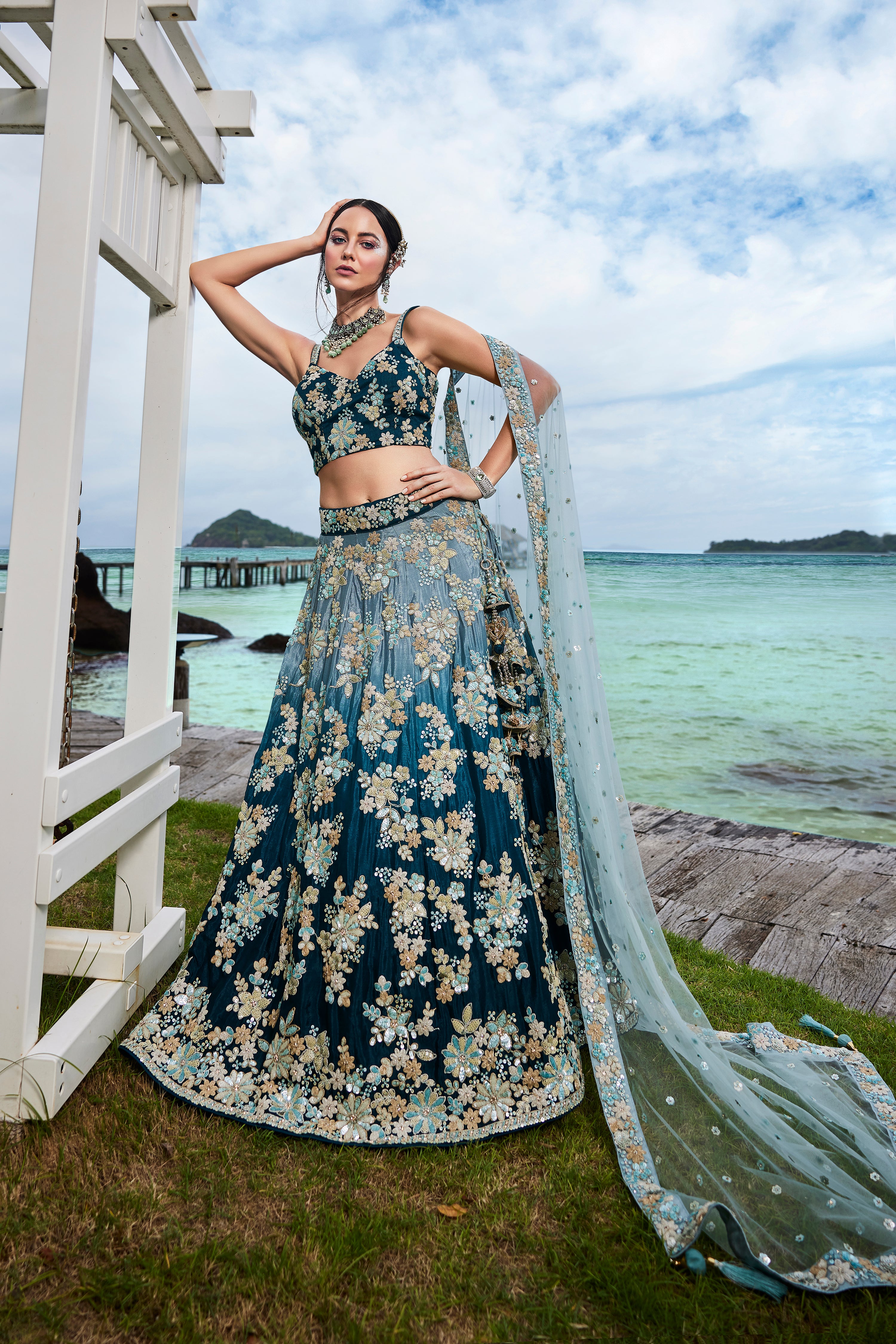 Teal Padded colour Georgette Sequins & Zarkan embroidery Semi-Stitched Lehenga choli & Dupatta Clothsvilla