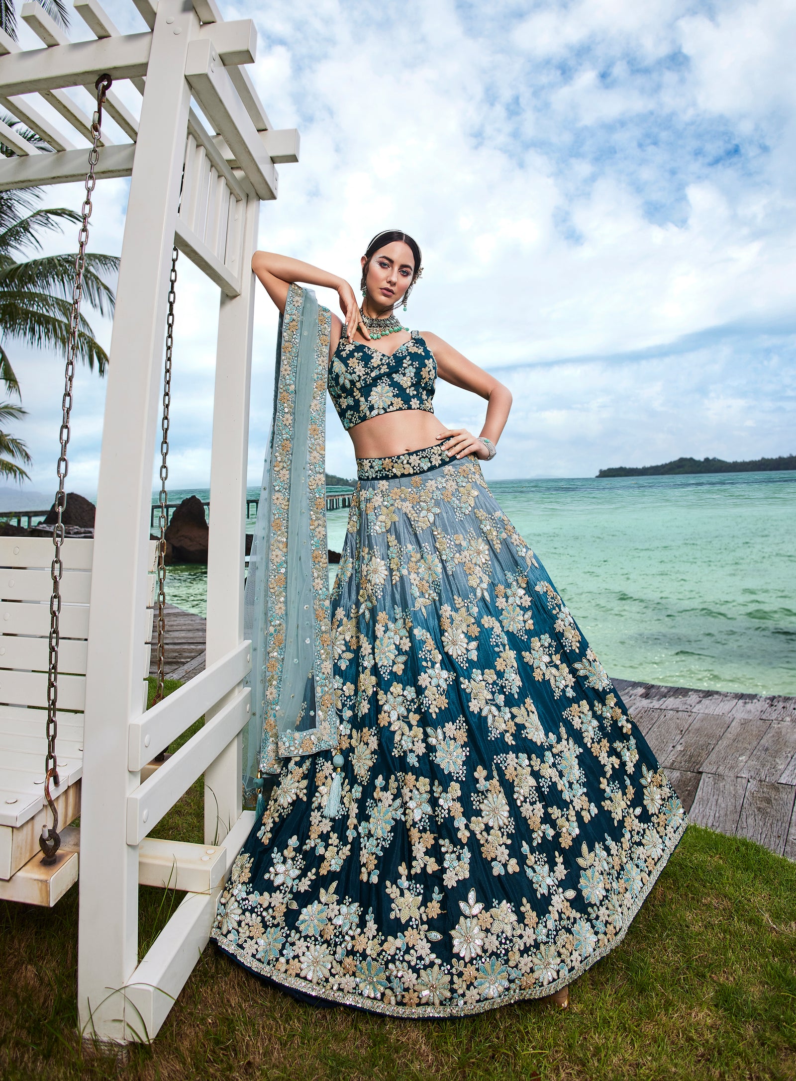Teal Padded colour Georgette Sequins & Zarkan embroidery Semi-Stitched Lehenga choli & Dupatta Clothsvilla