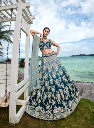 Teal Padded colour Georgette Sequins & Zarkan embroidery Semi-Stitched Lehenga choli & Dupatta Clothsvilla