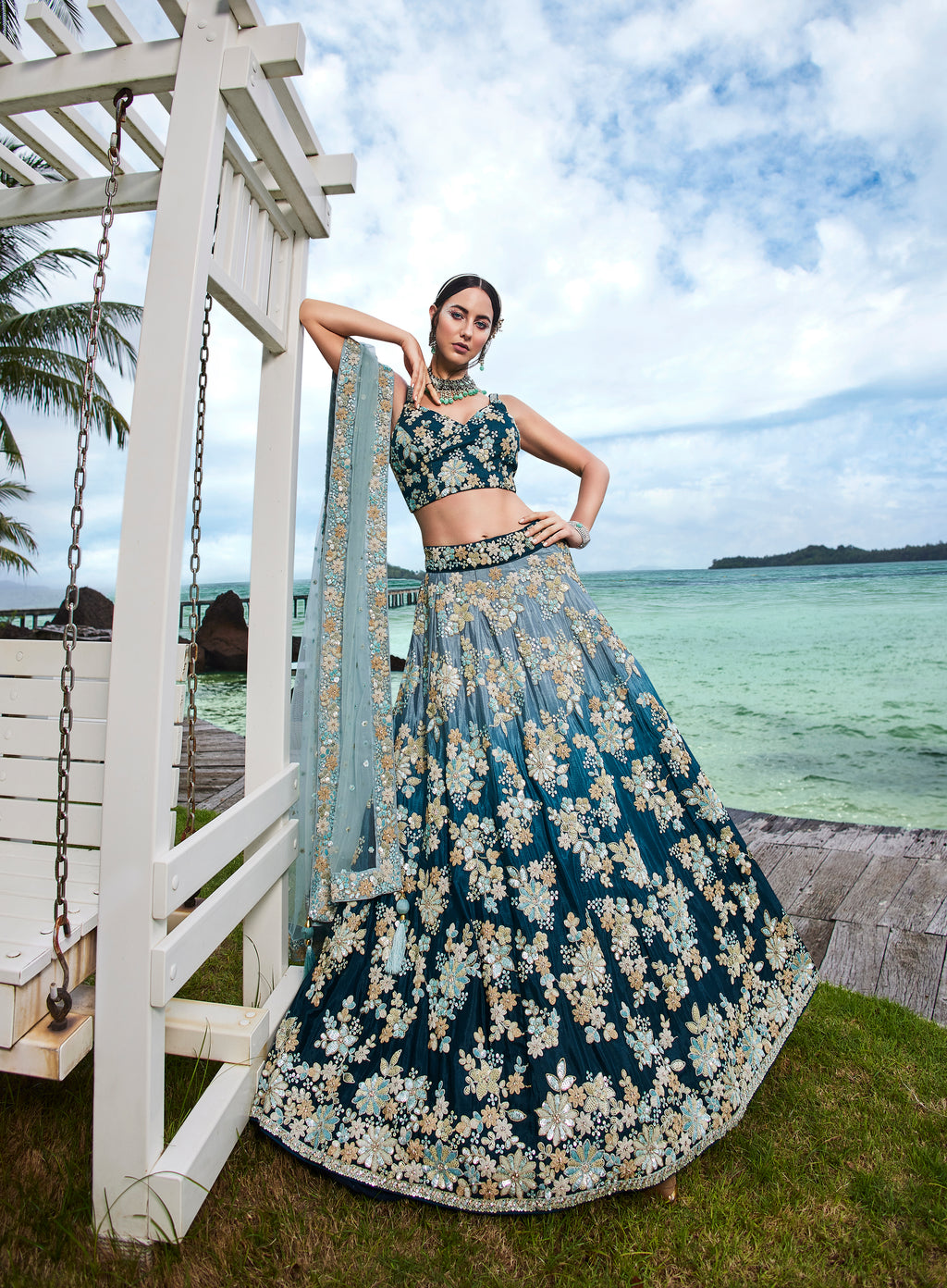 Teal Padded colour Georgette Sequins & Zarkan embroidery Semi-Stitched Lehenga choli & Dupatta Clothsvilla