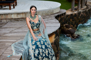 Teal Padded colour Georgette Sequins & Zarkan embroidery Semi-Stitched Lehenga choli & Dupatta Clothsvilla