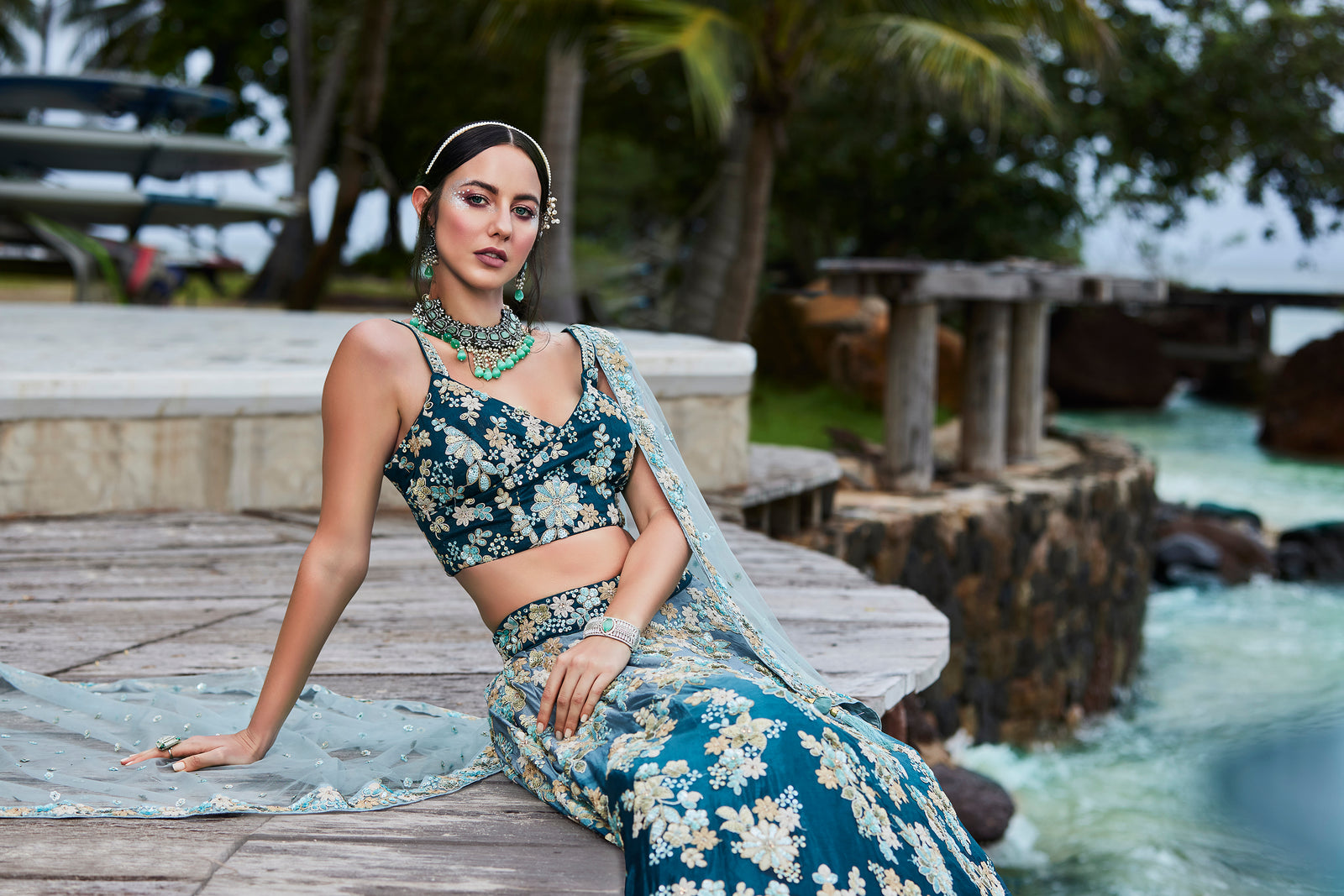 Teal Padded colour Georgette Sequins & Zarkan embroidery Semi-Stitched Lehenga choli & Dupatta Clothsvilla
