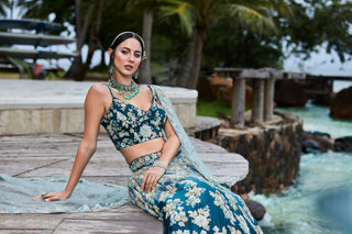 Teal Padded colour Georgette Sequins & Zarkan embroidery Semi-Stitched Lehenga choli & Dupatta Clothsvilla