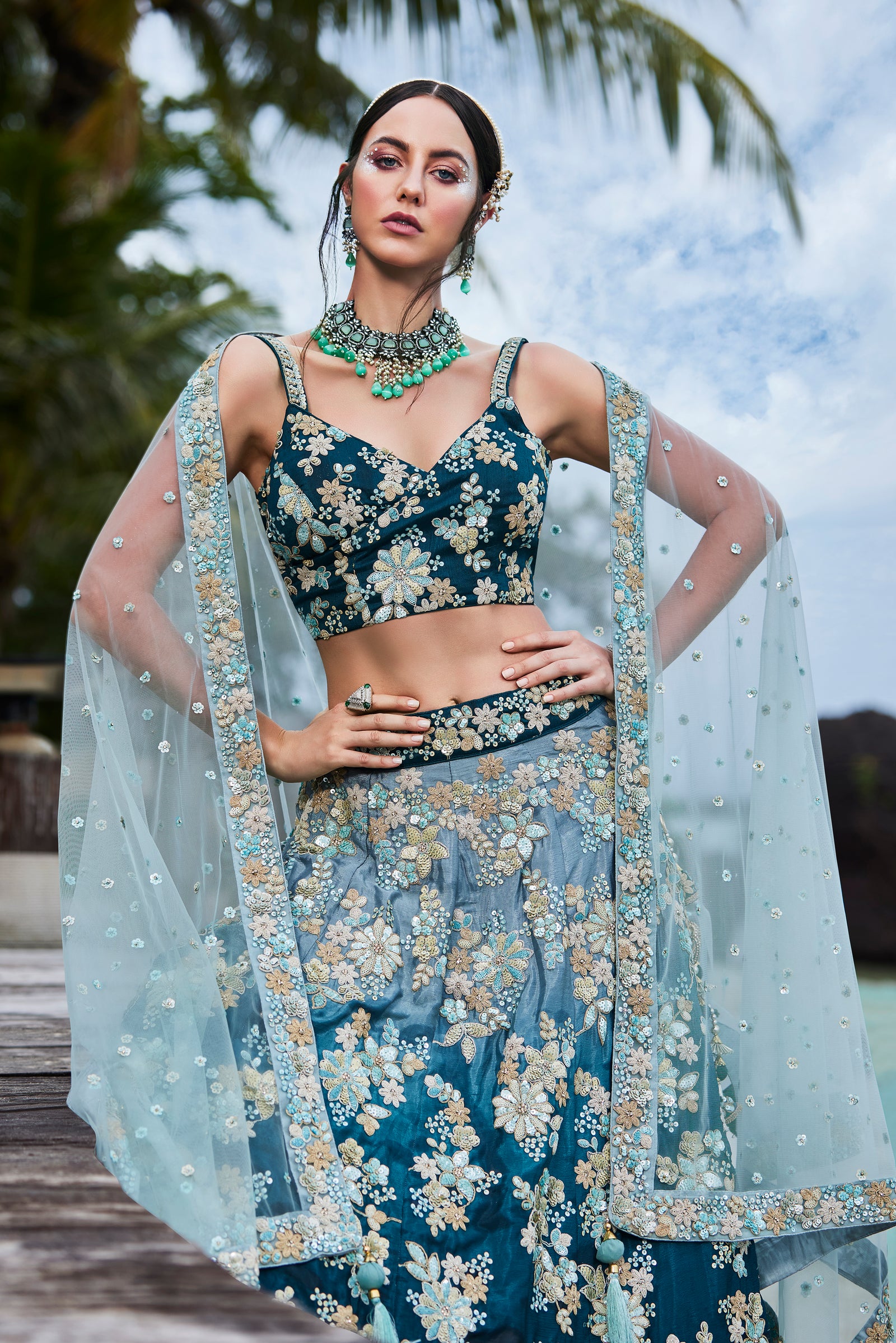 Teal Padded colour Georgette Sequins & Zarkan embroidery Semi-Stitched Lehenga choli & Dupatta Clothsvilla