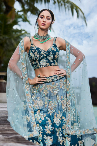 Teal Padded colour Georgette Sequins & Zarkan embroidery Semi-Stitched Lehenga choli & Dupatta Clothsvilla