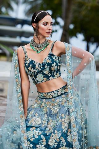 Teal Padded colour Georgette Sequins & Zarkan embroidery Semi-Stitched Lehenga choli & Dupatta Clothsvilla