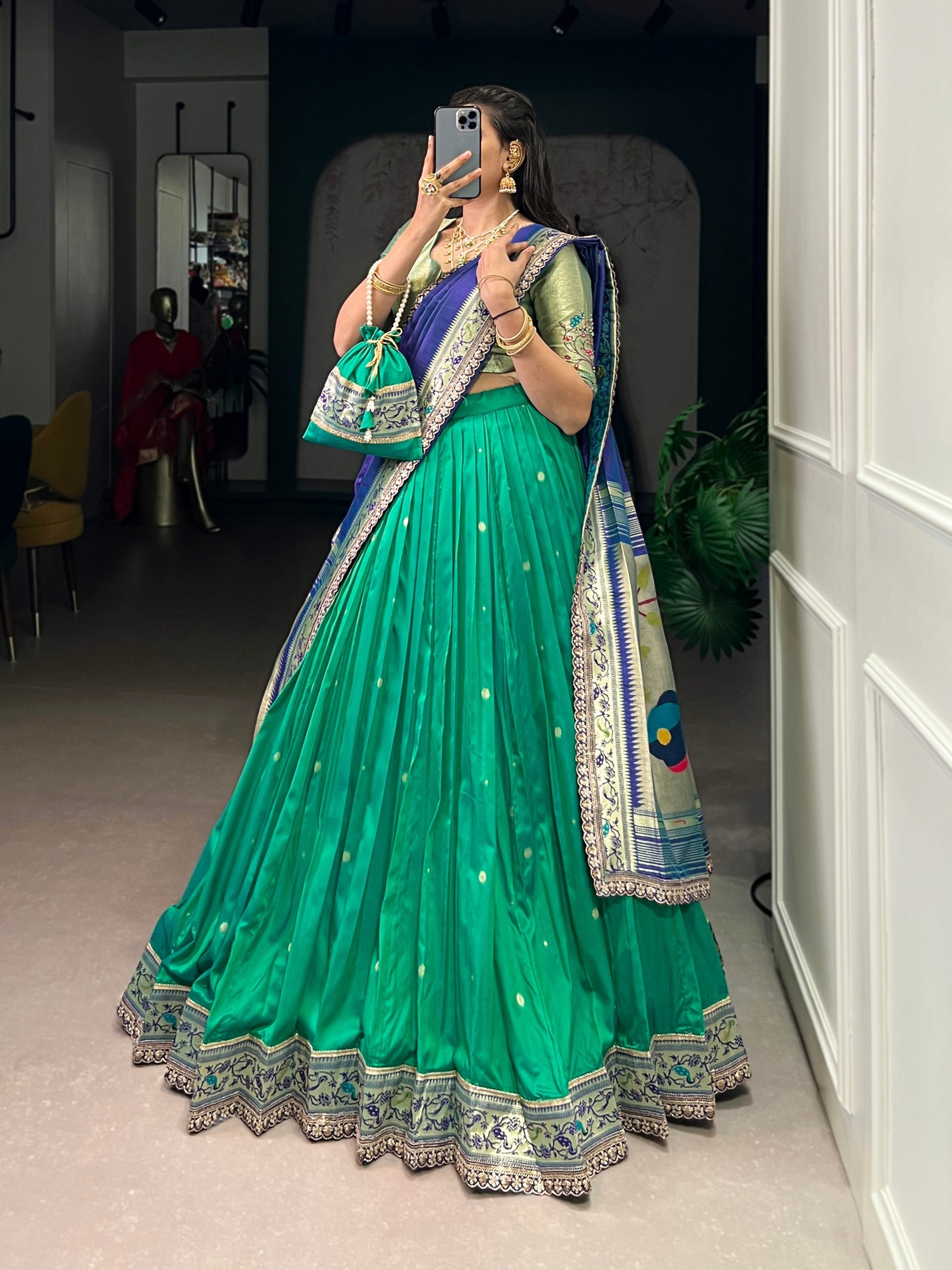 Teal Paithani Lehenga Set with Batwa Secondary image