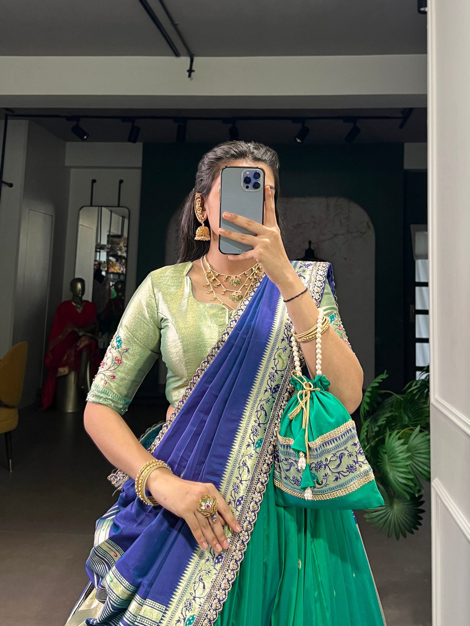 Teal Paithani Lehenga Set with Batwa ClothsVilla